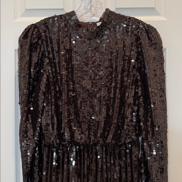Mac Duggal 93642 Brown Long Sleeve Sequin Tea Length Dress Size 10 NWT - Picture 5 of 11